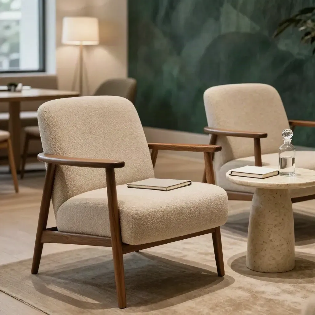 Empty mentor lounge with two chairs, throw, notebook and carafe in warm window light