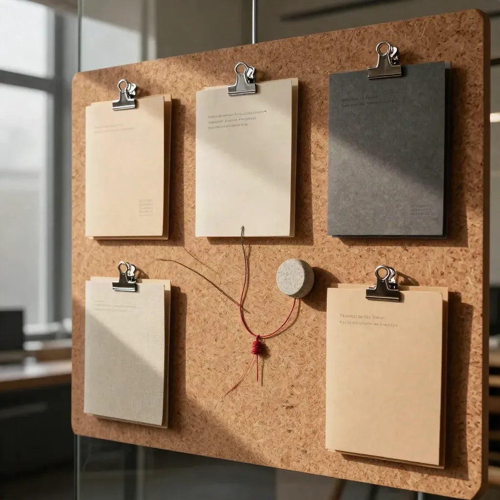 Cork strategy wall with founder folders, threaded route, and stone paperweight in dramatic office light