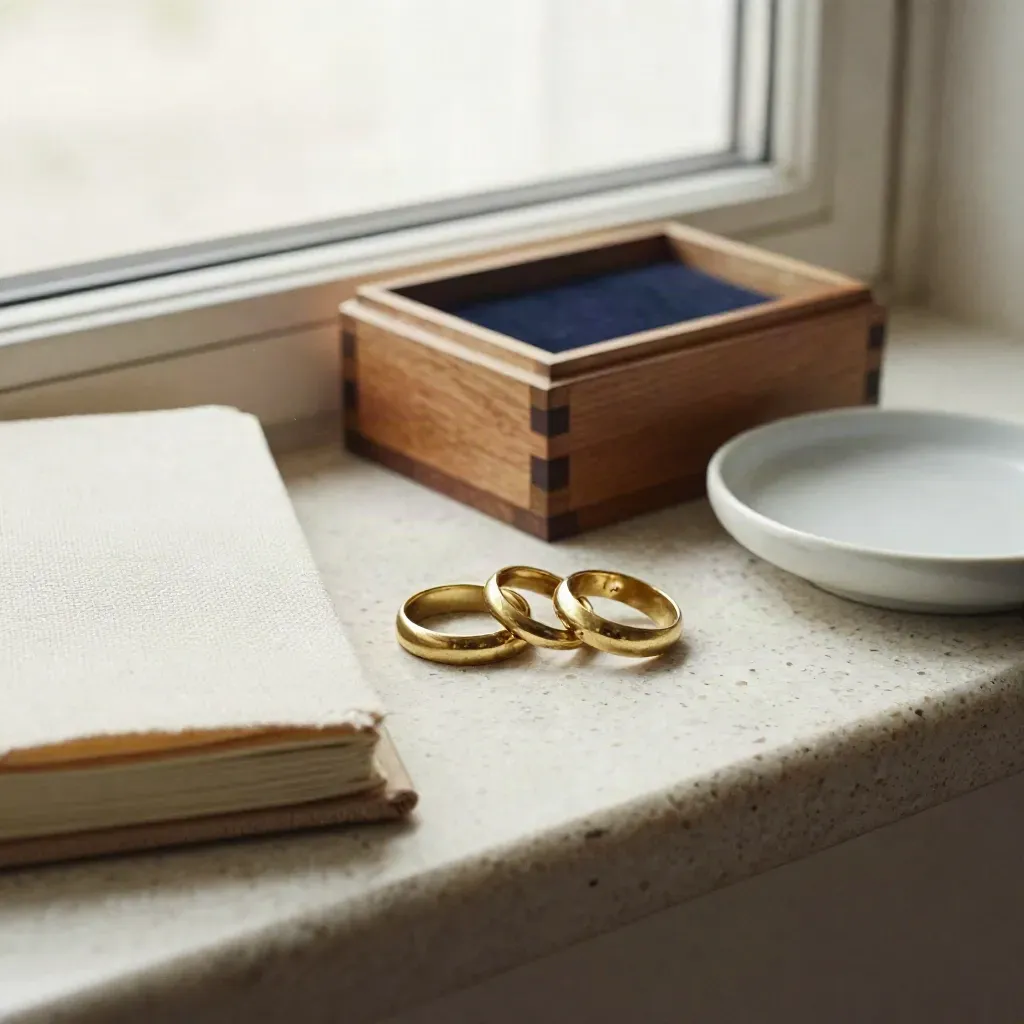 Three brass rings beside a cedar box and linen notebook on a bright travertine ledge.