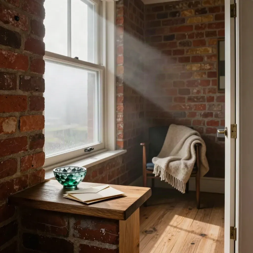 Harbor room with face-down grant envelopes, sea-glass bowl, wool throw, and fog at the window.