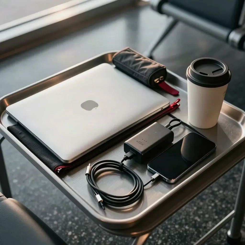 Top-down of a founder’s travel bundle with laptop, cables, folder case and mug in dawn light.